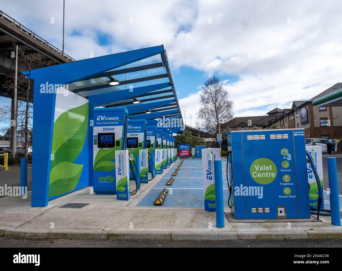 Multiple charging points, EV Power charging station Glasgow Airport, Glasgow, UK Stock Photo