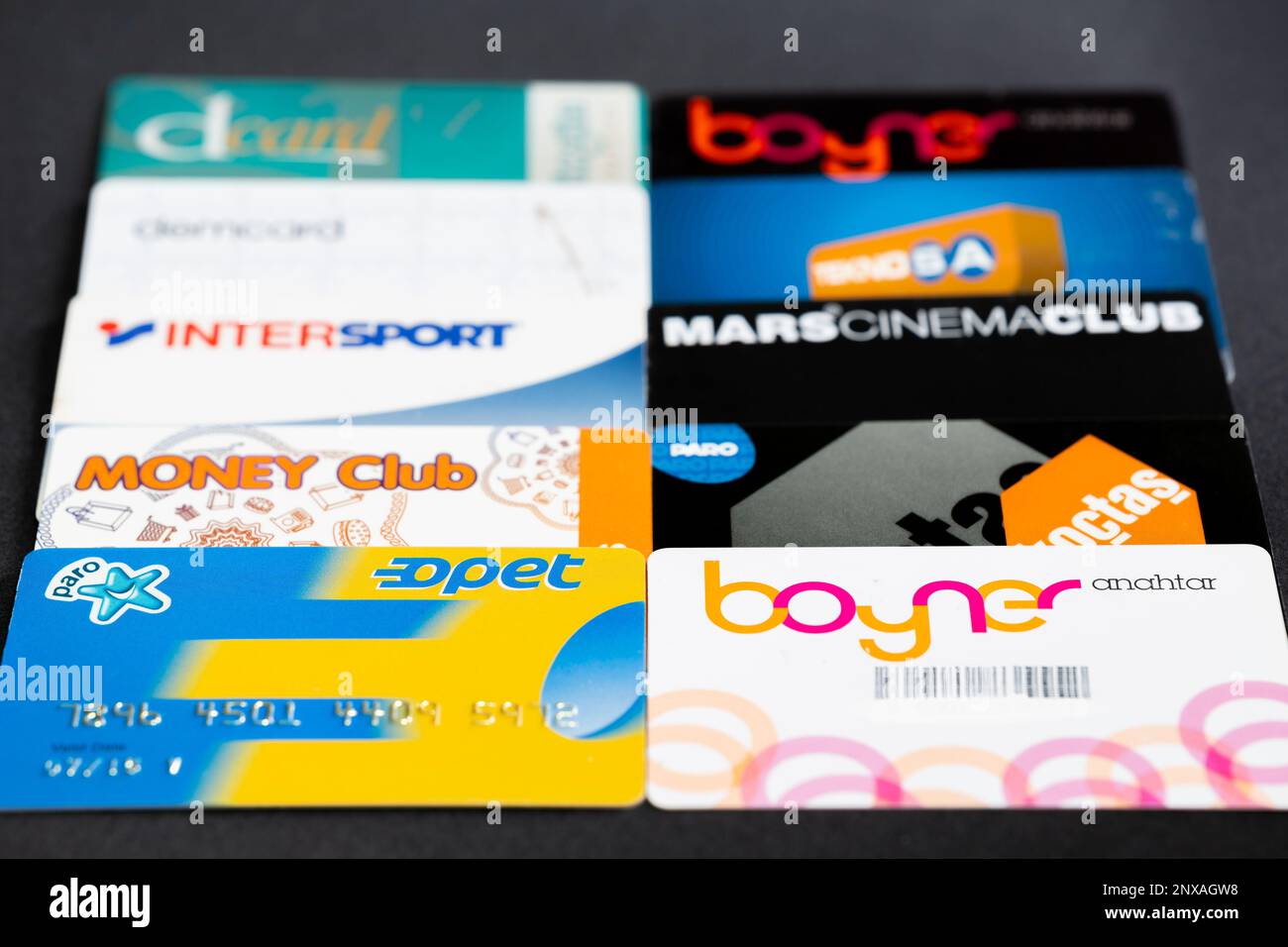 Selective focus on membership, gift and discount cards background. Stock Photo