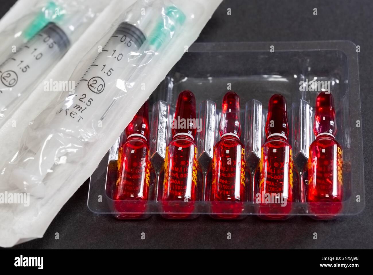 B12 hormone injection ampoules in selective focus. Ampoules and