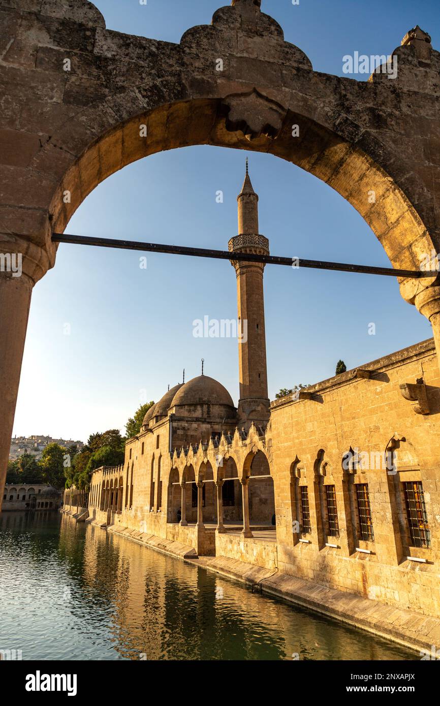 Rizvaniye Mosque and Balikligol ( Fish Lake ) beautiful view in Sanliurfa City of Turkey. Sanliurfa, Turkey - October 19, 2015. Stock Photo