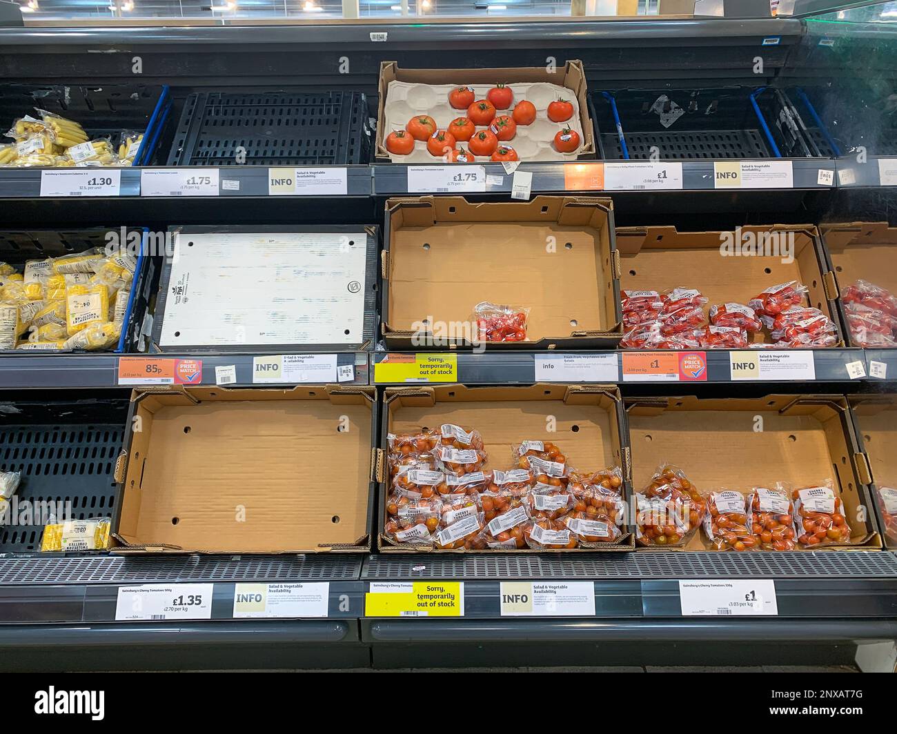 Slough, Berkshire, UK. 1st March, 2023. A Sainsbury's Supermarket in Slough. Empty spaces remain on the shelves for tomatoes and salad in many supermarkets. A notice tells customers that due to poor weather conditions, we are experiencing supply challenges on some of Vegetable and Salad products. We apologise for any inconvenience and hope to be back in full supply soon. Credit: Maureen McLean/Alamy Live News Stock Photo