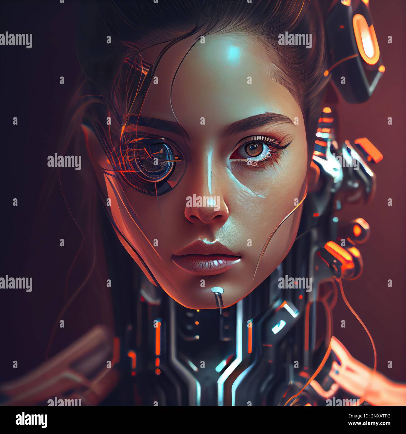 Futuristic AI Android. Humanoid cyber girl with a neural network thinks