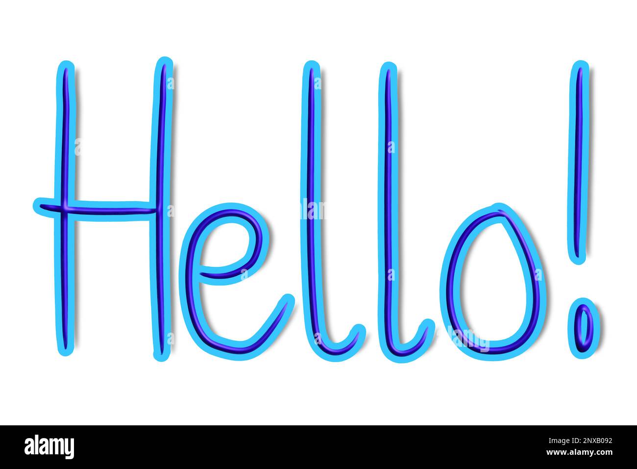 Hello!,  word with exclamation mark in handwritten blue 3D letters isolated on background as banner headline Stock Photo