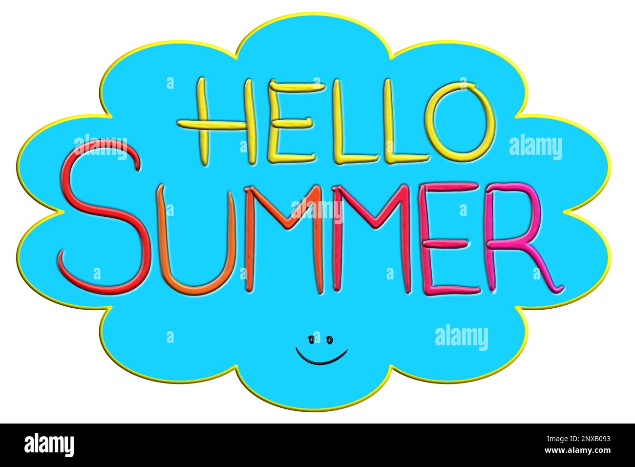 Hello Summer, colourful hand written words on blue cloud shape, illustration isolated on background Stock Photo