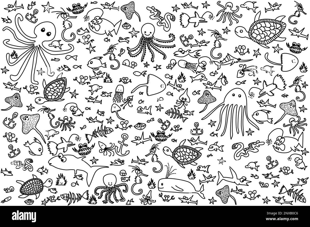 Abstract seamless pattern with underwater sea creatures in the marine world including fish, octopus, seahorses and turtles. Black line drawing Stock Photo