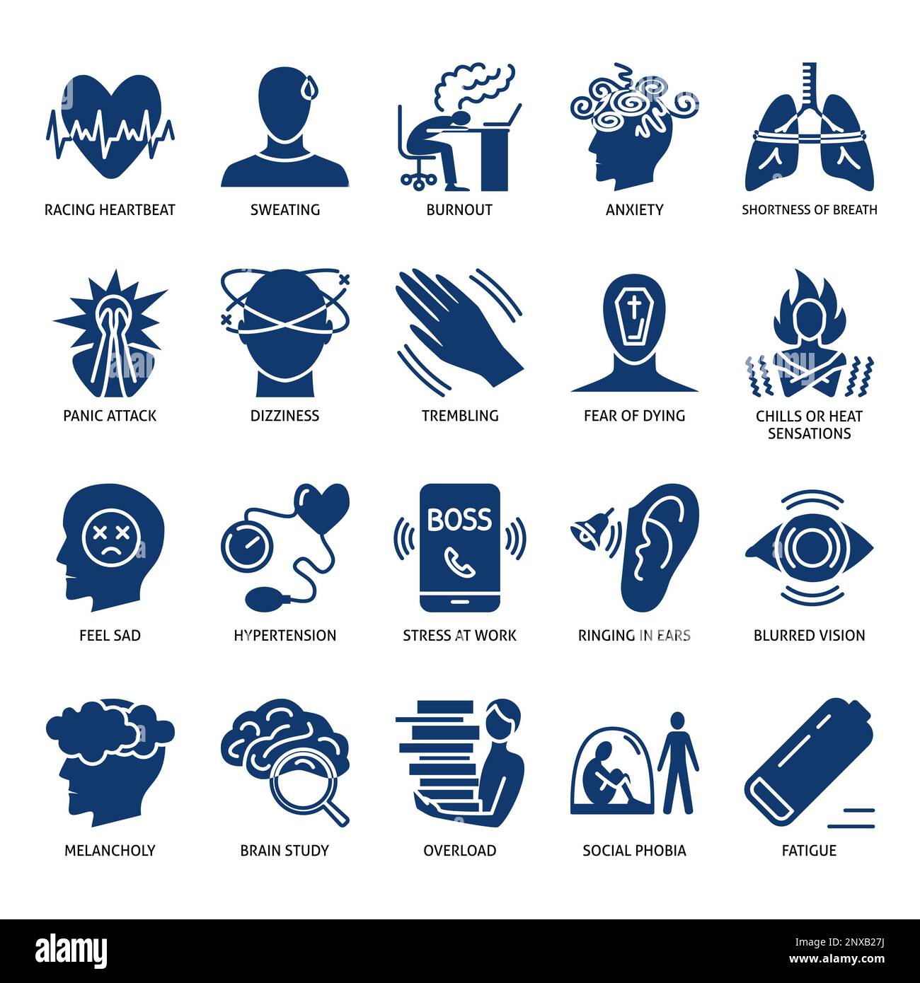 Stress symptoms icon set in glyph style. Burnout, anxiety and