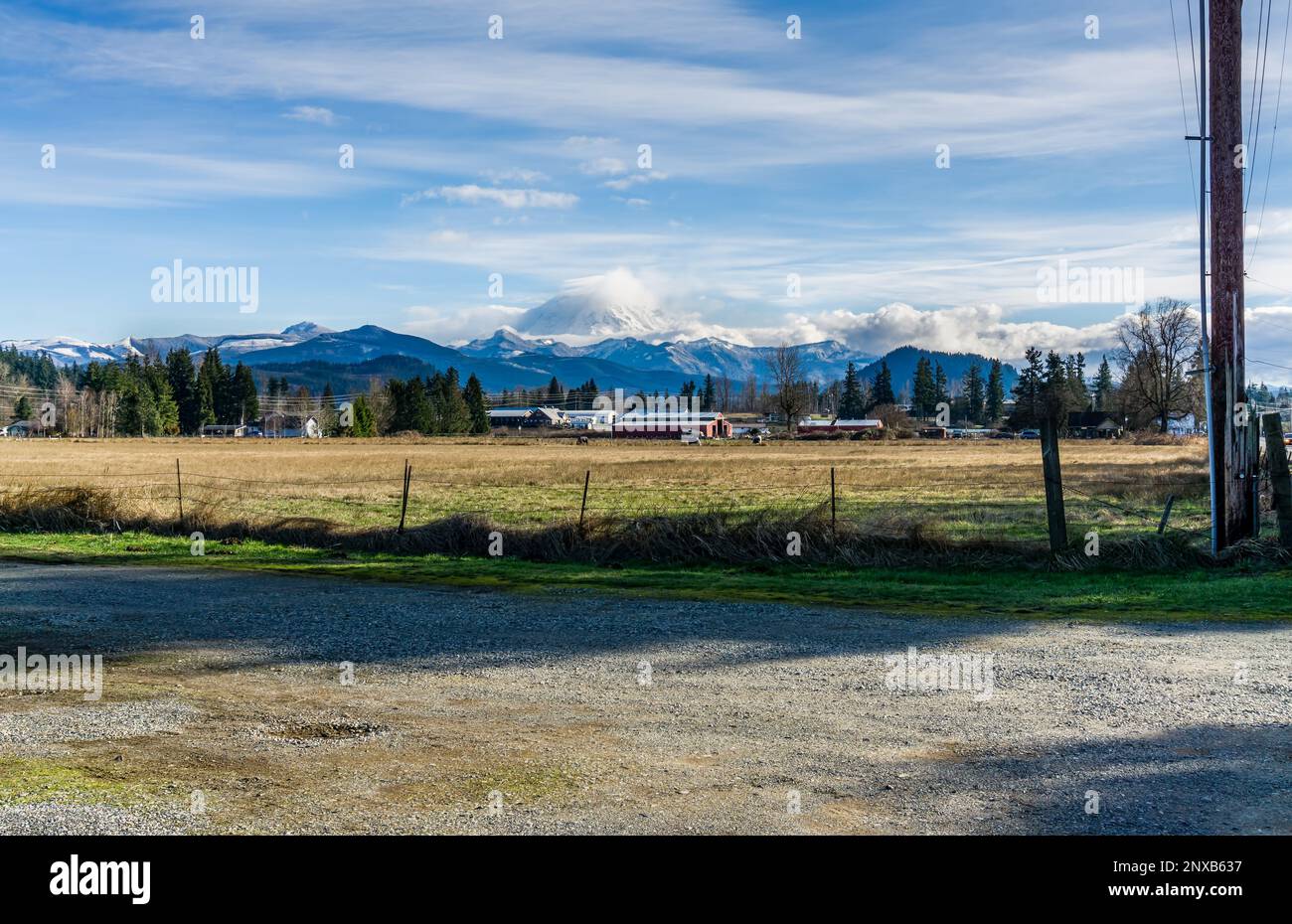 A view of the countryside and Mount Rainier in Enumclaw, Washington. Stock Photo