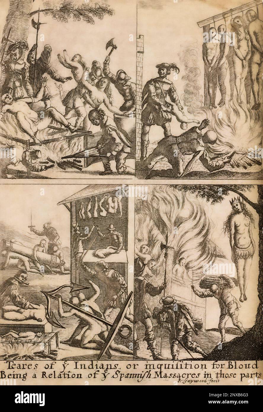 A 17th century illustration by Richard Gaywood, purporting to show mistreatment and torture of American Indians by their Spanish masters.  The title beneath reads:  Teares of ye Indians or inquisition for bloud: being a relation of ye Spannish massacres in those parts. Stock Photo