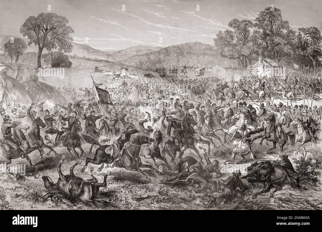 General John Buford's engagement with Major General J.E.B. Stuart's Confederate cavalry, at the Battle of Boonsboro, Maryland, July 8, 1863.  After a work by C.E.H. Bonwill. Stock Photo