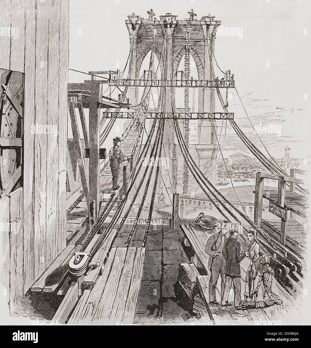 Brooklyn Bridge under construction.  Brooklyn Bridge was built between 1870 and 1883.  After an illustration in Appletons' Cyclopaedia of Applied Mechanics, published 1880. Stock Photo