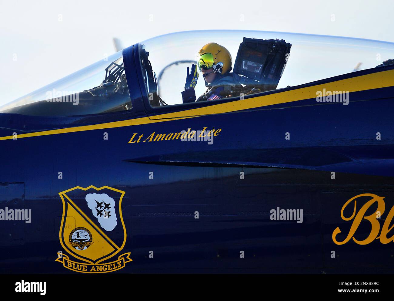 230118-N-KB563-1504 EL CENTRO, Calif. (Jan. 18, 2023) Left wing pilot, Lt. Amanda Lee, assigned to the U.S. Navy Flight Demonstration Squadron, the Blue Angels, prepares for takeoff prior to a training flight over Naval Air Facility (NAF) El Centro. Lt. Amanda Lee is the squadron’s first woman F/A-18E/F demonstration pilot. The Blue Angels are currently conducting winter training at NAF El Centro, California, in preparation for the upcoming 2023 air show season. Stock Photo