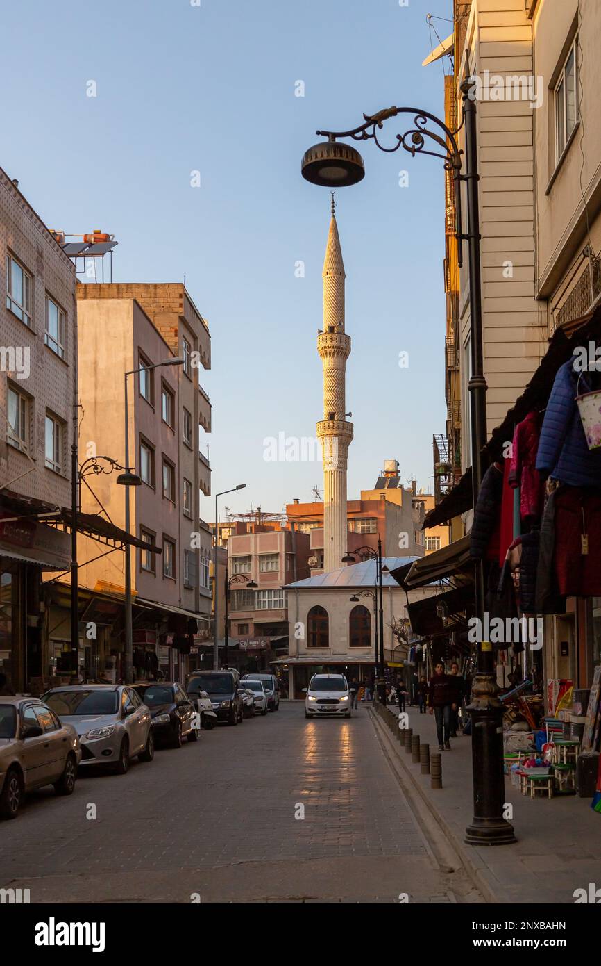 A street view and historical mosque in Kilis, Turkey. Stock Photo