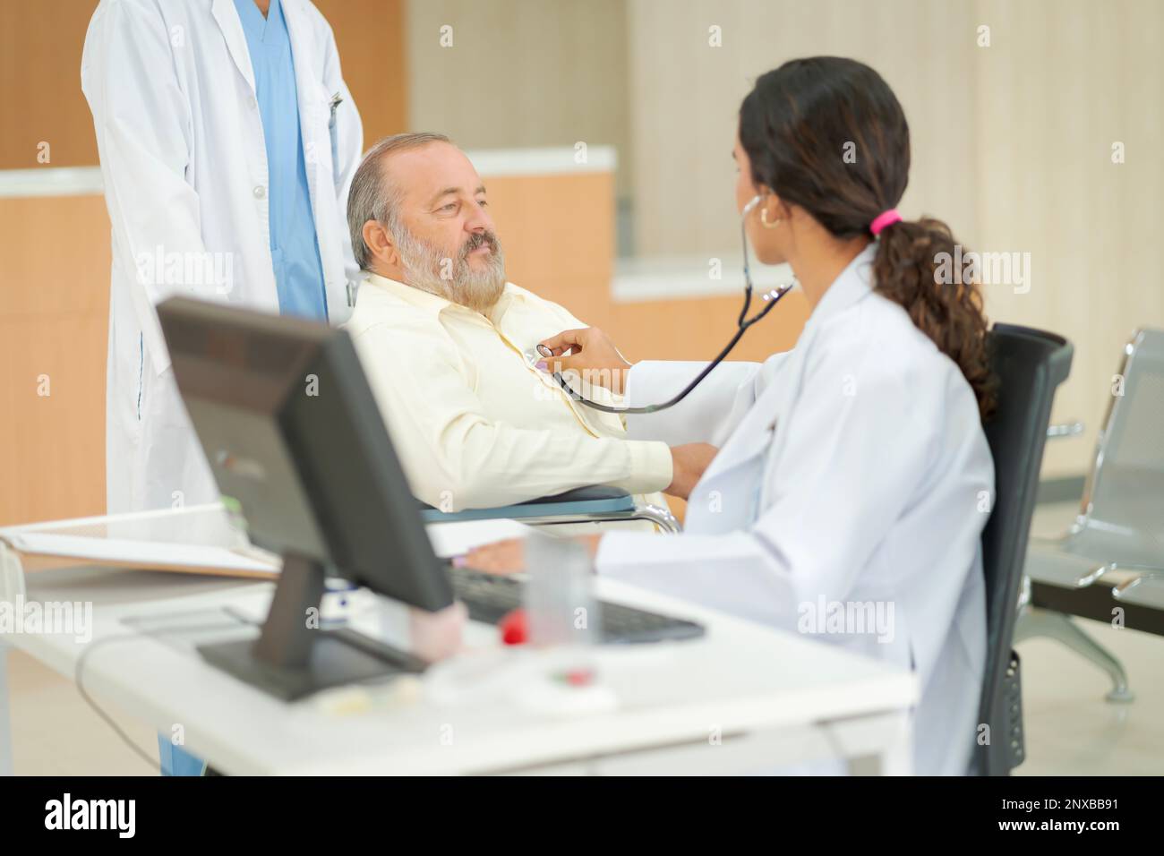 An elderly male patient with high body fat, obesity, sees a doctor at