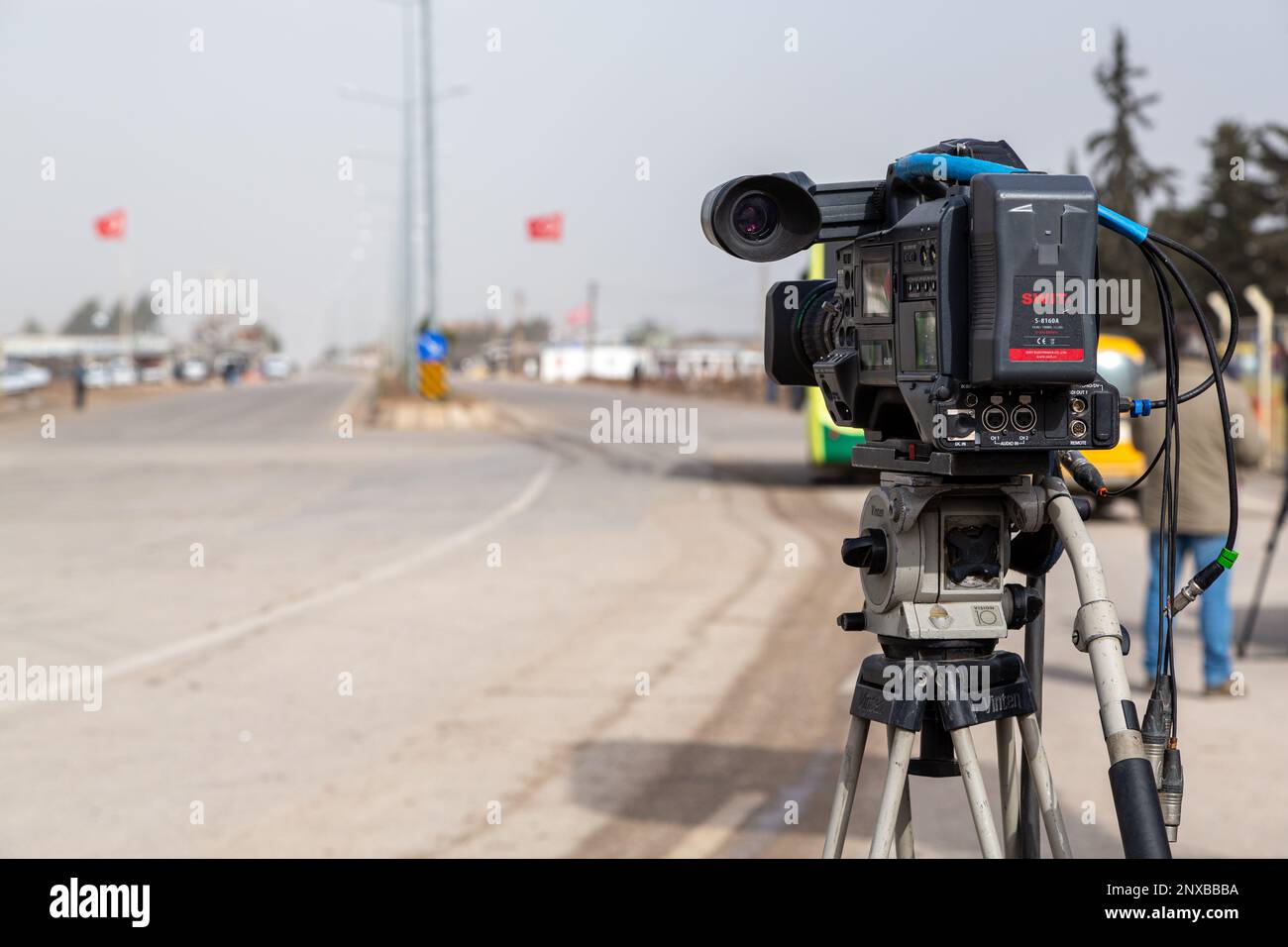 Camera, tripod and cables system prepared for live broadcast. Kilis,Turkey. Stock Photo