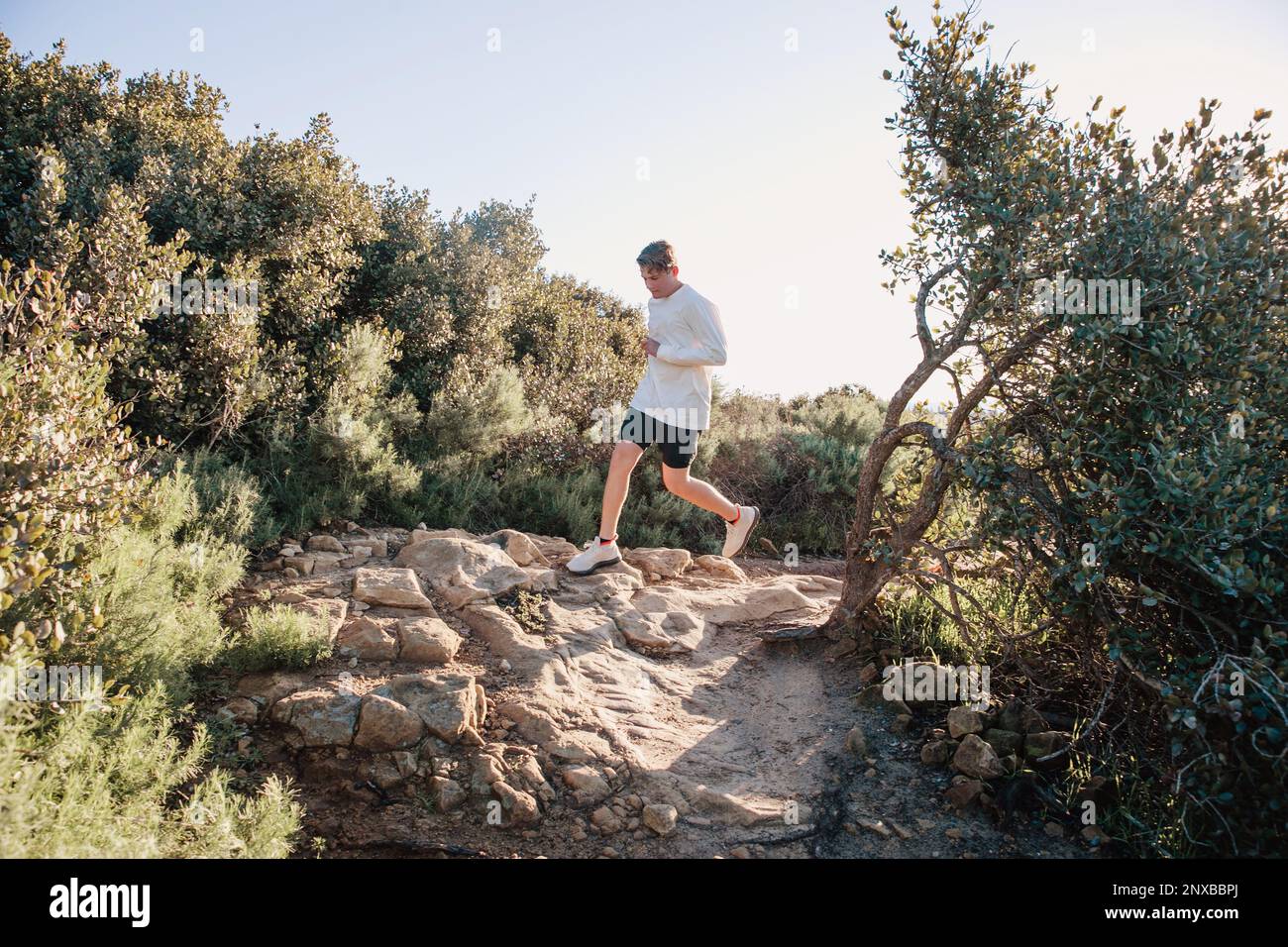 Teenage boy trail running, California, USA Stock Photo