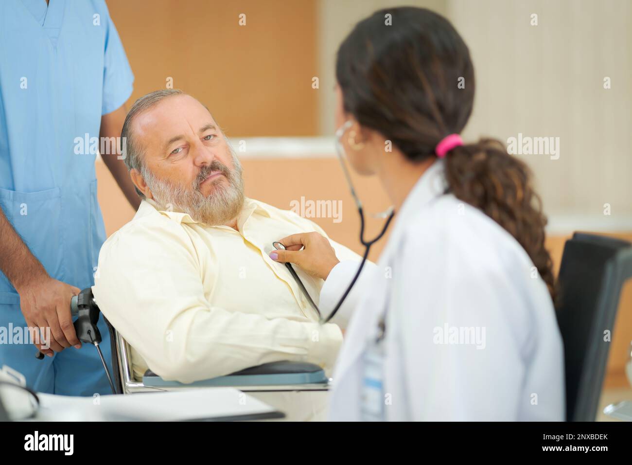 An elderly male patient with high body fat, obesity, sees a doctor at