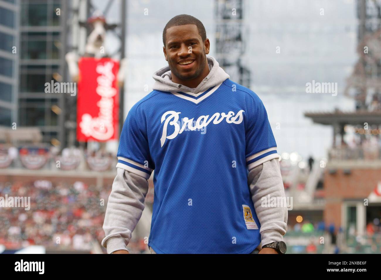 ATLANTA, GA - MARCH 29: Former University of Georgia football player Nick  Chubb prior to the 2018 Opening Day game between the Atlanta Braves and the Philadelphia  Phillies on March 29, 2018