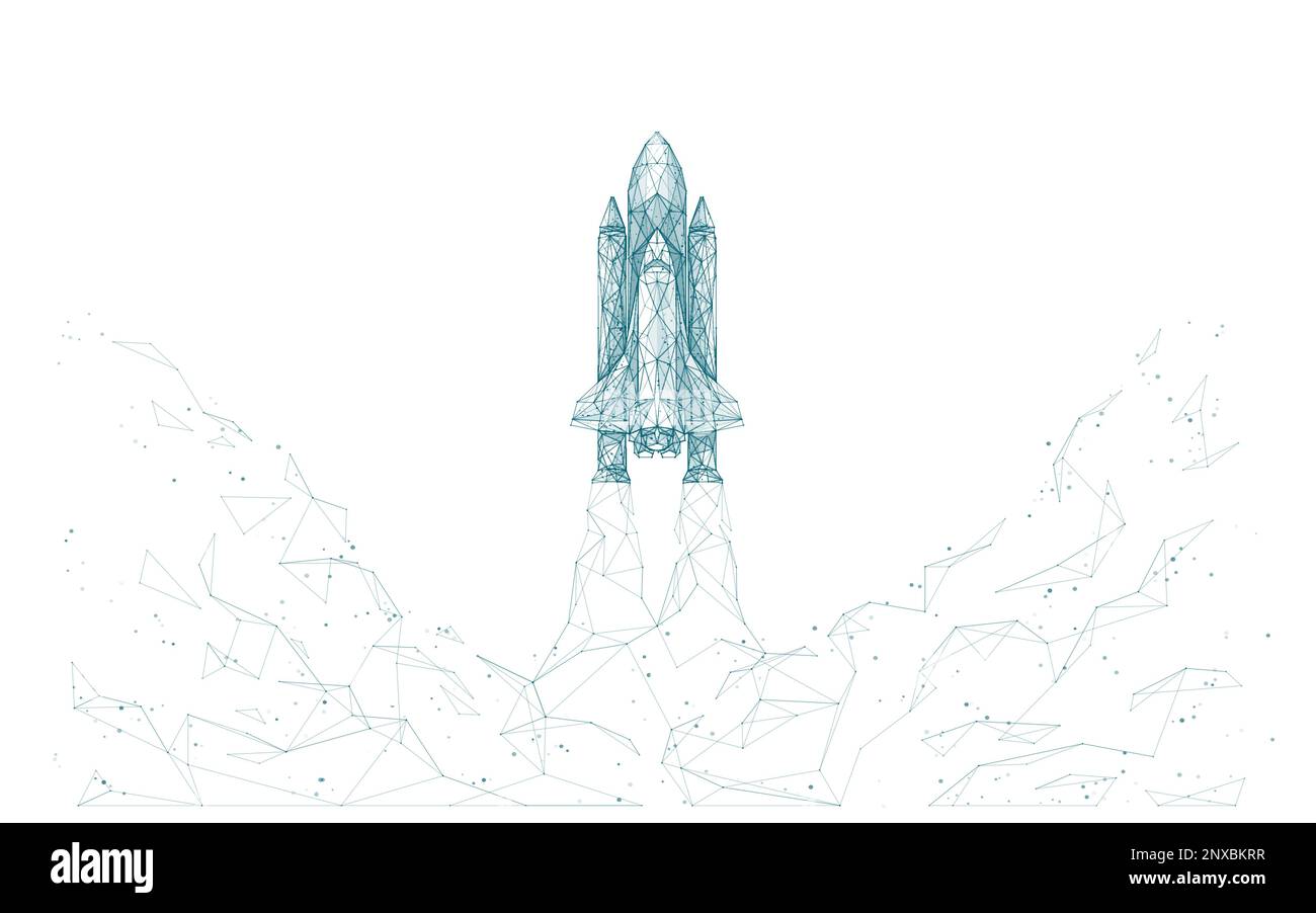 Rocket launch. Digital space shuttle from polygons and lines. Stock Vector