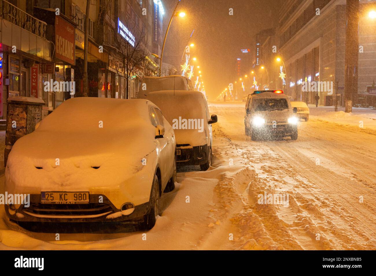 Streets and snow. Erzurum city in Turkey. Winter and snow concept. Stock Photo