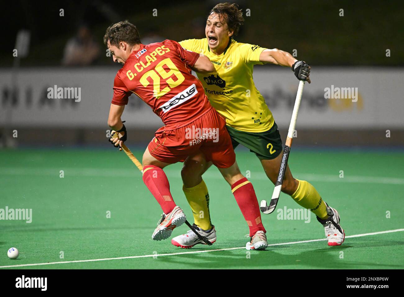 Hobart, Australia. 01st Mar, 2023. Gerard Clapés (L) of Spain Men's National field hockey team and Tom Craig (R) of Australia National Men's field hockey team in action during the 2022/23 International Hockey Federation (FIH) Men's Pro-League match between Australia and Spain held at the Tasmanian Hockey Centre in Hobart. Final score Spain 4:2 Australia. Credit: SOPA Images Limited/Alamy Live News Stock Photo