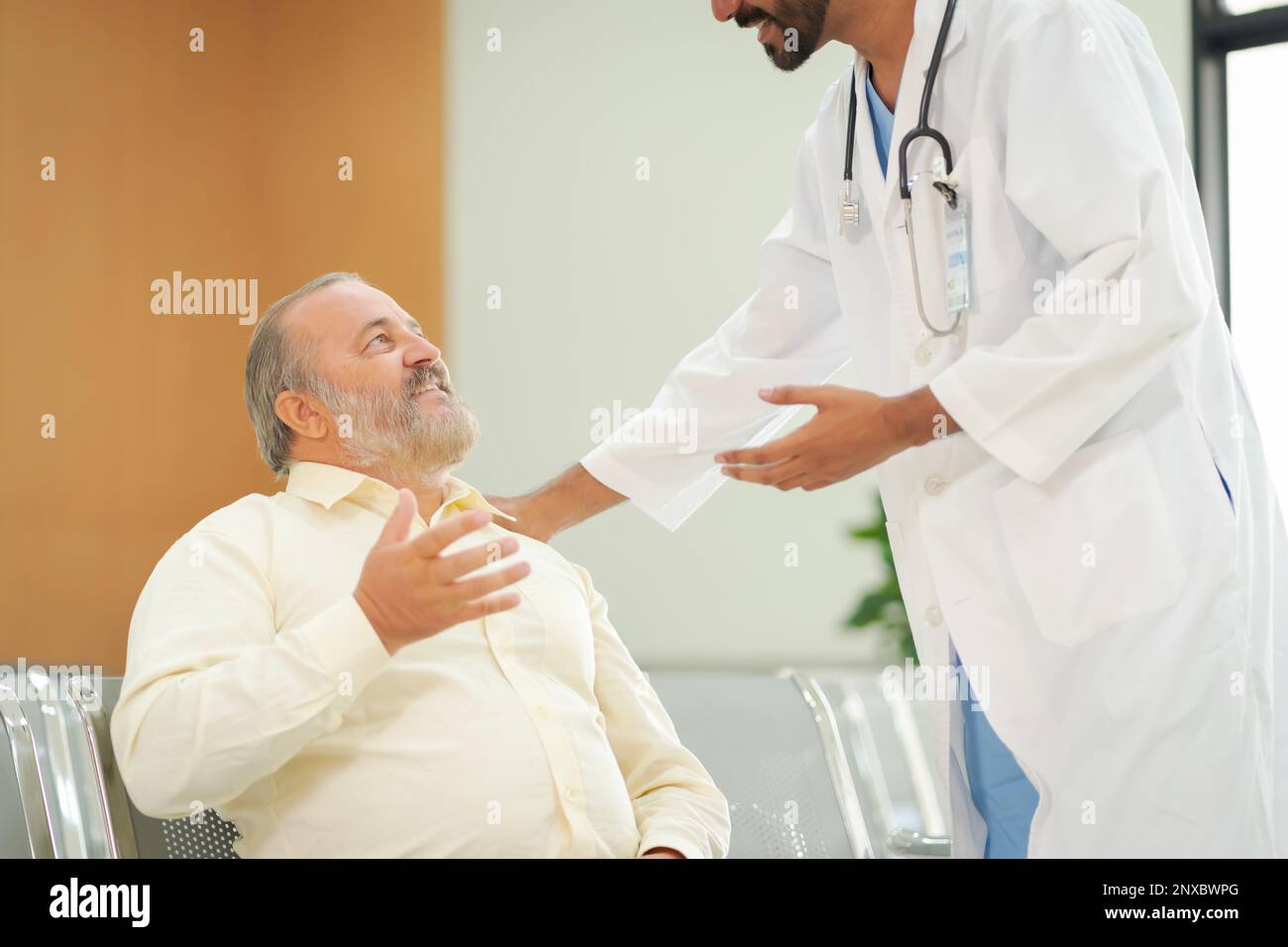 An elderly male patient with high body fat, obesity, sees a doctor at