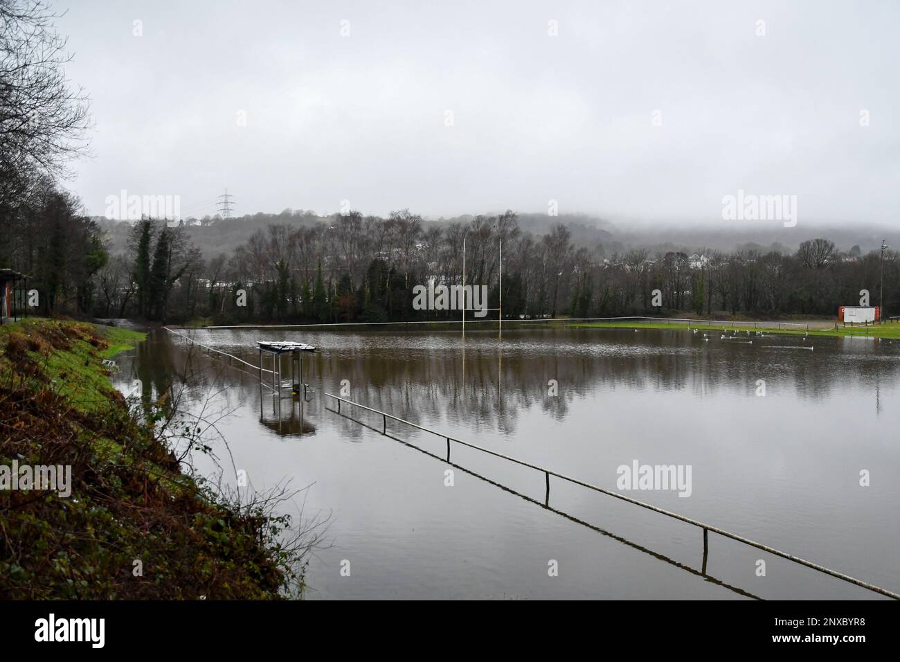 Swansea, Wales. 20 January 2021. The Vardre RFC rugby pitch at Maes y Bioden was flooded after Storm Christoph brought heavy rainfall to the Swansea valley in Wales, UK on 20 January 2021. Credit: Duncan Thomas/Majestic Media/Alamy Live News. Stock Photo