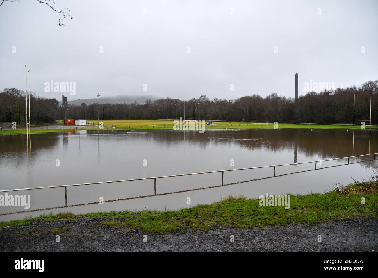Swansea, Wales. 20 January 2021. The Vardre RFC rugby pitch at Maes y Bioden was flooded after Storm Christoph brought heavy rainfall to the Swansea valley in Wales, UK on 20 January 2021. Credit: Duncan Thomas/Majestic Media/Alamy Live News. Stock Photo