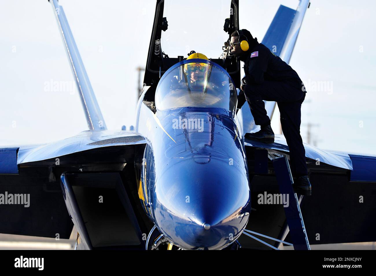 230118-N-KB563-1269 EL CENTRO, Calif. (Jan. 18, 2023) Cmdr. Alex Armatas, commanding officer and flight leader of the U.S. Navy Flight Demonstration Squadron, the Blue Angels, prepares for takeoff prior to a training flight over Naval Air Facility (NAF) El Centro. The Blue Angels are currently conducting winter training at NAF El Centro, California, in preparation for the upcoming 2023 air show season. Stock Photo