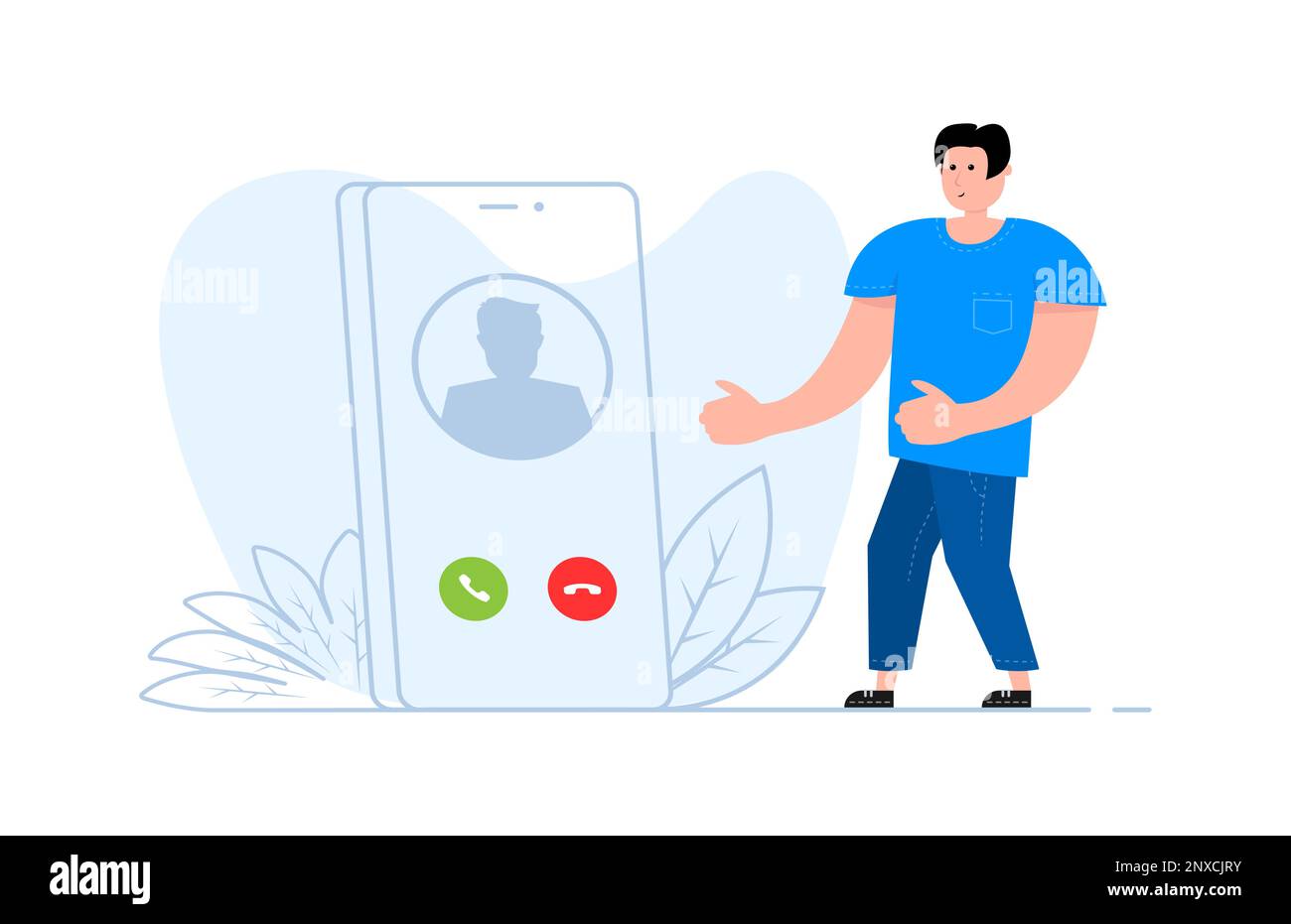 A man stands near the smartphone, on the screen incoming call Stock Vector