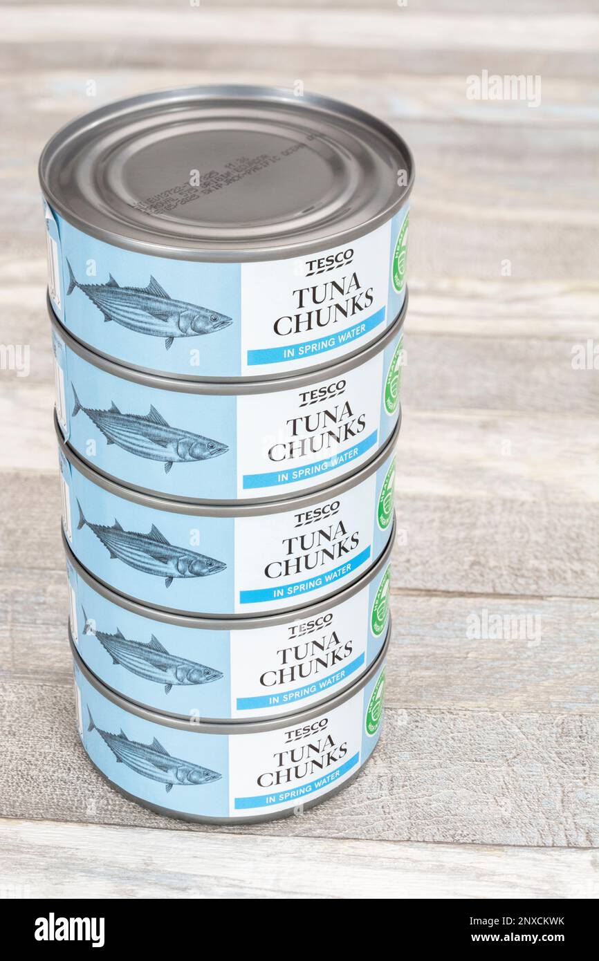 Cans of tinned Tesco Tuna chunks on a kitchen table. For UK food