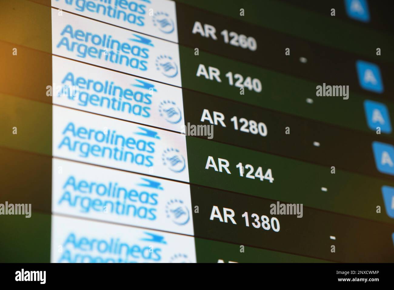 Buenos Aires, Argentina, November 18, 2022: Screen with information on international flight departures of the airline Aerolineas Argentinas at Jorge N Stock Photo