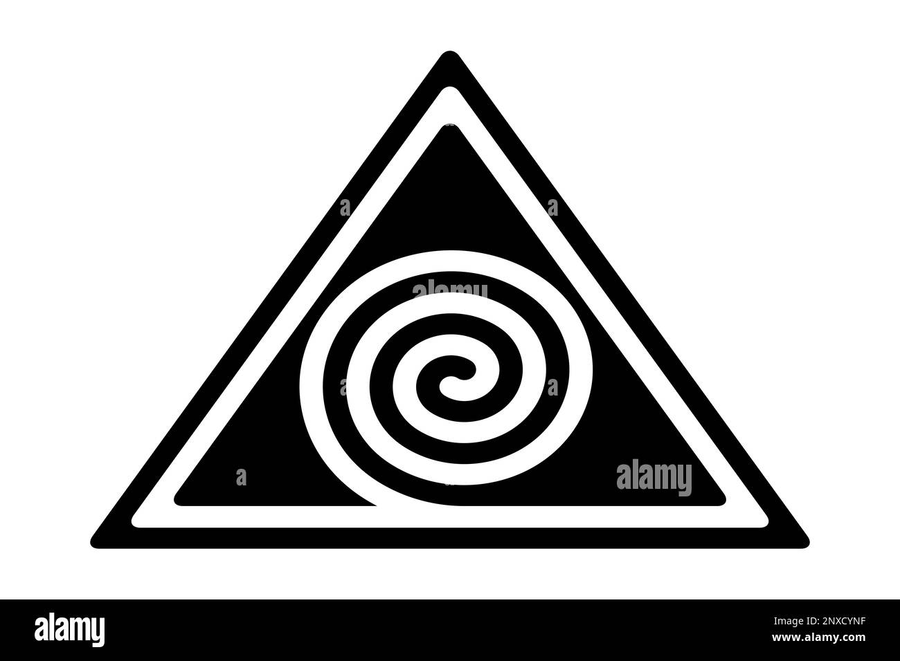 Two spirals in three triangles, a Hopi symbol. A black spiral forming a triangle, creating the optical illusion of a white spiral. Stock Photo