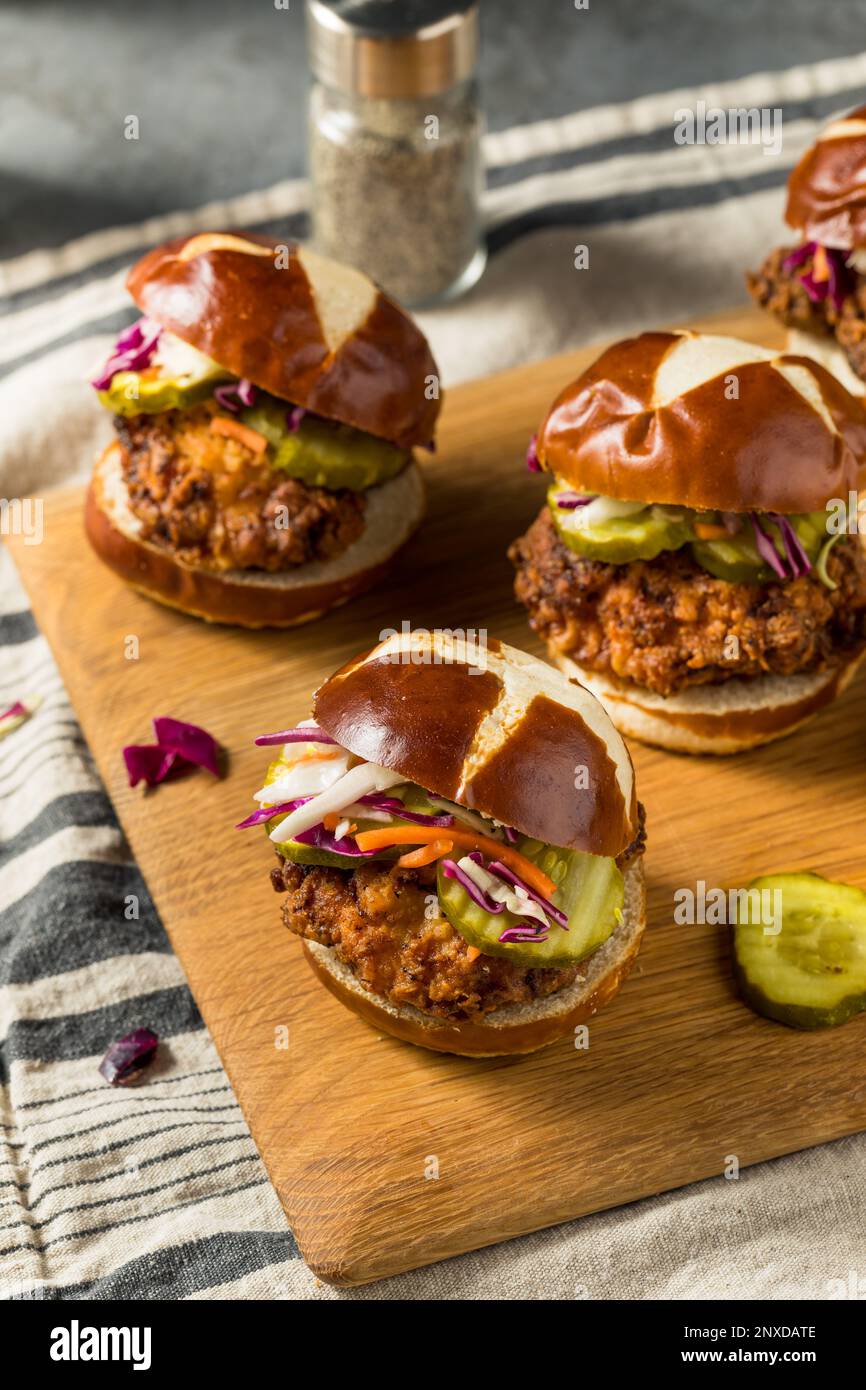 Fried Chicken Sandwich Sliders with PIckles and Coleslaw Stock Photo Alamy
