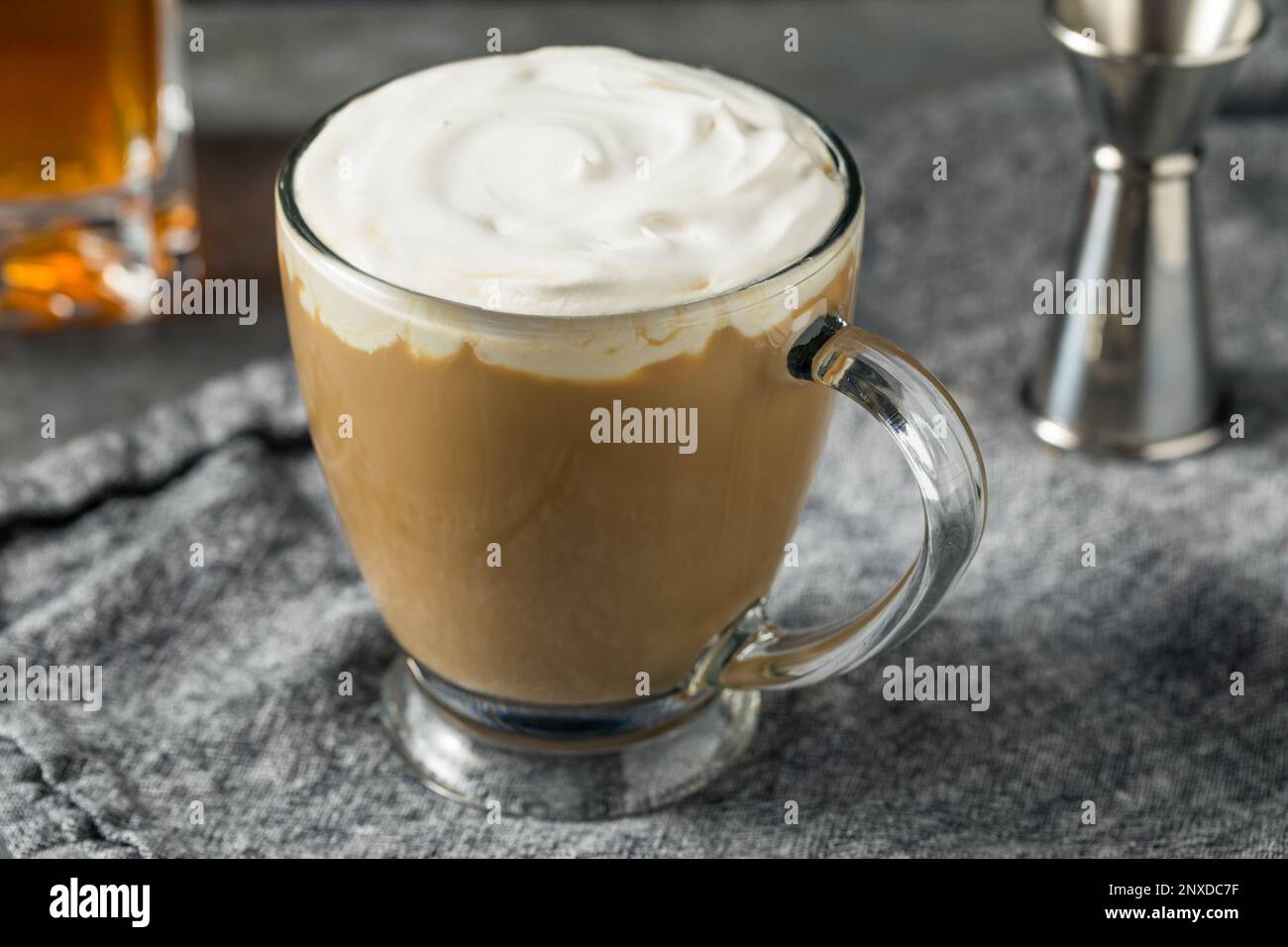 Boozy Refreshing Irish Coffee Cocktail with Whipped Cream Stock Photo