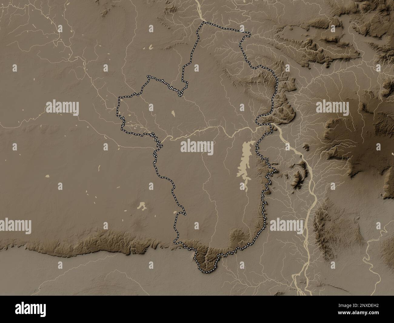 Ubon Ratchathani, province of Thailand. Elevation map colored in sepia ...