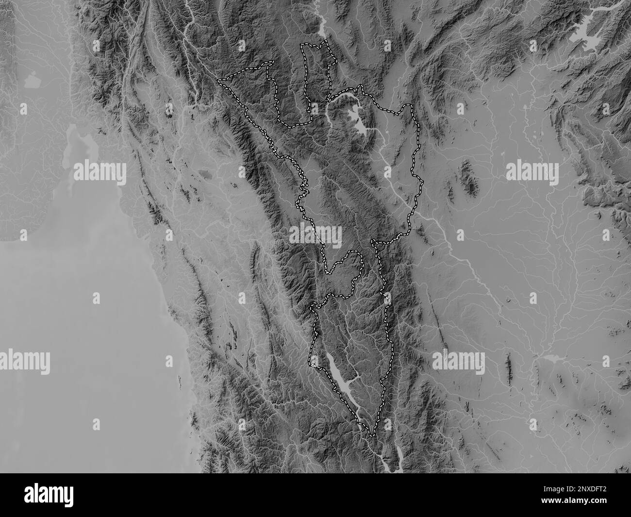Tak, province of Thailand. Grayscale elevation map with lakes and ...