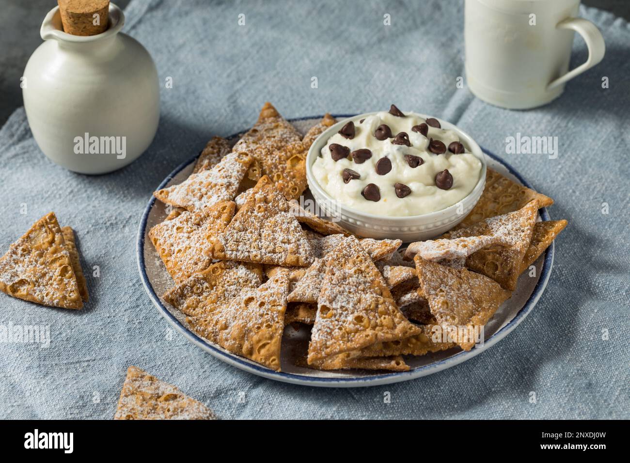 Homemade Cannoli Chips with Ricotta Dip and Chocolate Chips Stock Photo