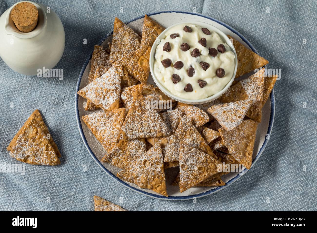Homemade Cannoli Chips with Ricotta Dip and Chocolate Chips Stock Photo