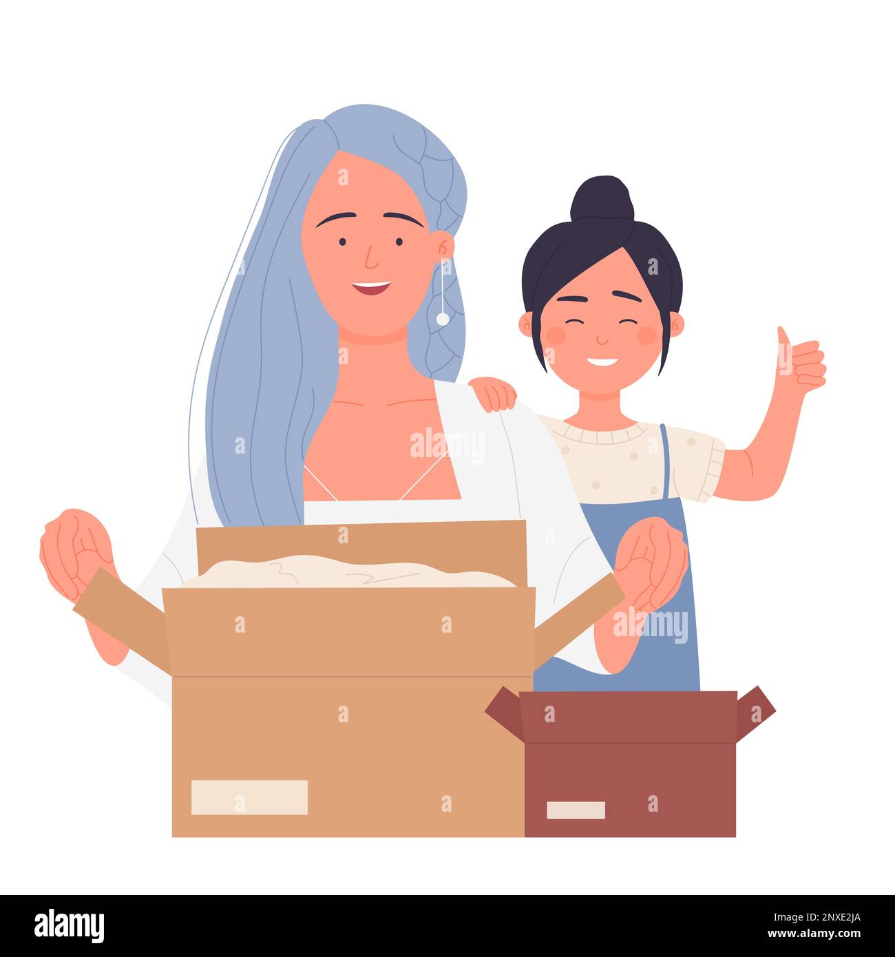 Happy girls opening parcels. Shopping online, order delivery service vector illustration Stock Vector