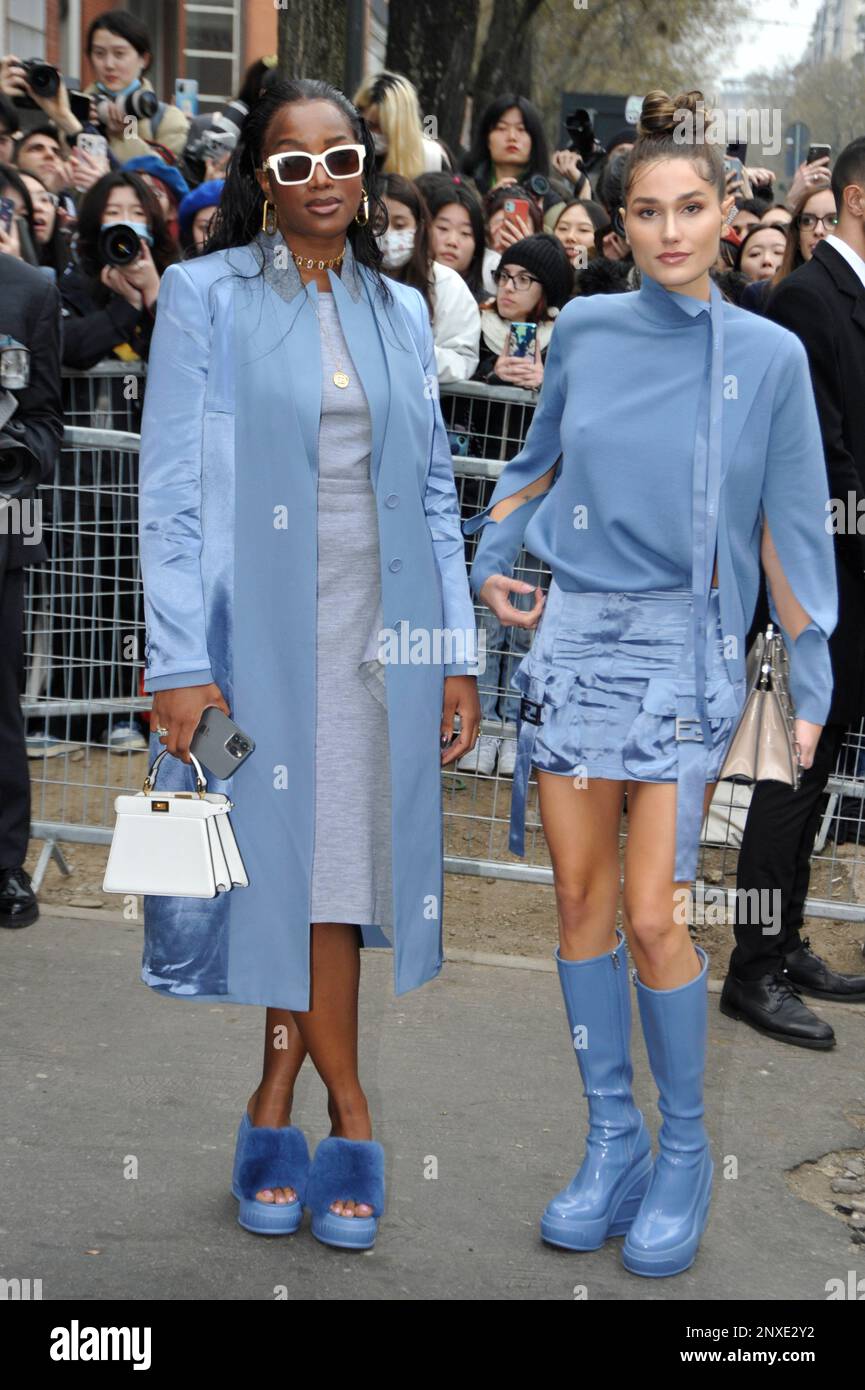 MILAN, ITALY - FEBRUARY 22: Sasha Meneghel,Iza  is seen arriving at the Fendi  fashion show during the Milan Fashion Week Womenswear Fall/Winter 2023/ Stock Photo