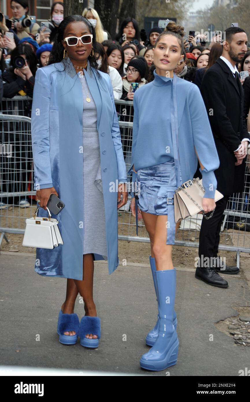 MILAN, ITALY - FEBRUARY 22: Sasha Meneghel,Iza  is seen arriving at the Fendi  fashion show during the Milan Fashion Week Womenswear Fall/Winter 2023/ Stock Photo