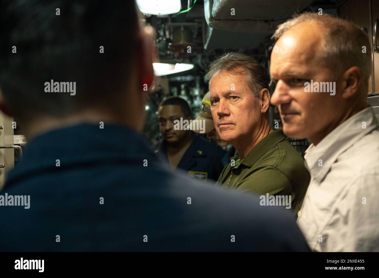 230115-N-EI510-0177 JOINT BASE PEARL HARBOR-HICKAM (Jan. 15, 2022) U.S. Representative Ed Case, Hawaii's First Congressional District, speaks to Sailors aboard the Virginia-class fast-attack submarine USS North Carolina (SSN 777) during a tour of the boat off the coast of Pearl Harbor, Hawaii, Jan. 15, 2023. USS North Carolina is the fourth submarine of the Virginia-class; the first class designated and built post-Cold War in order to meet the challenges of the 21st century, and has improved stealth; sophisticated surveillance capabilities, and special warfare enhancements that enable it to me Stock Photo