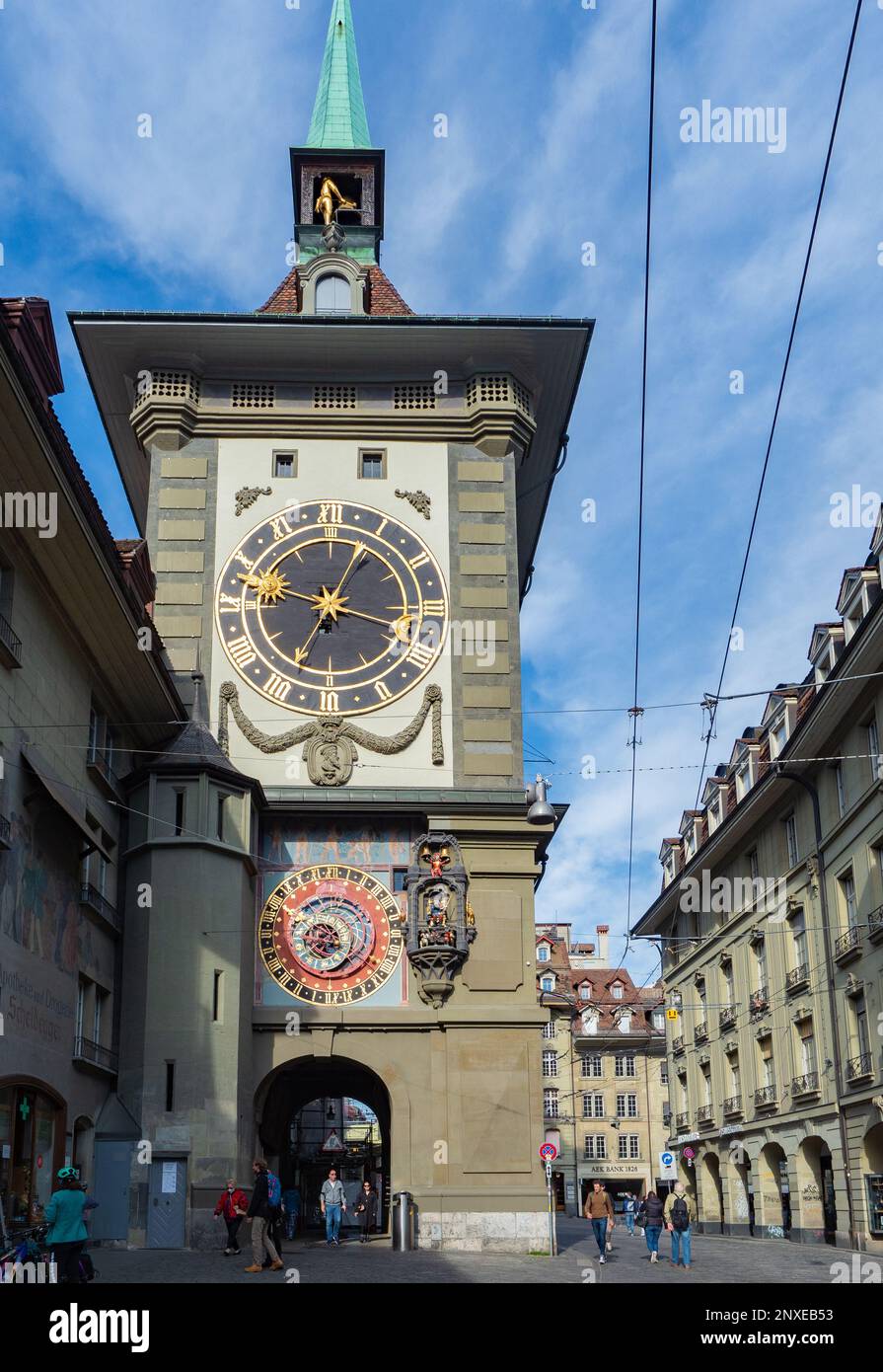 Bern, Switzerland - April 16th 2022: Historic Zytglogge, a reconstructed clock tower, in the historic city centre Stock Photo