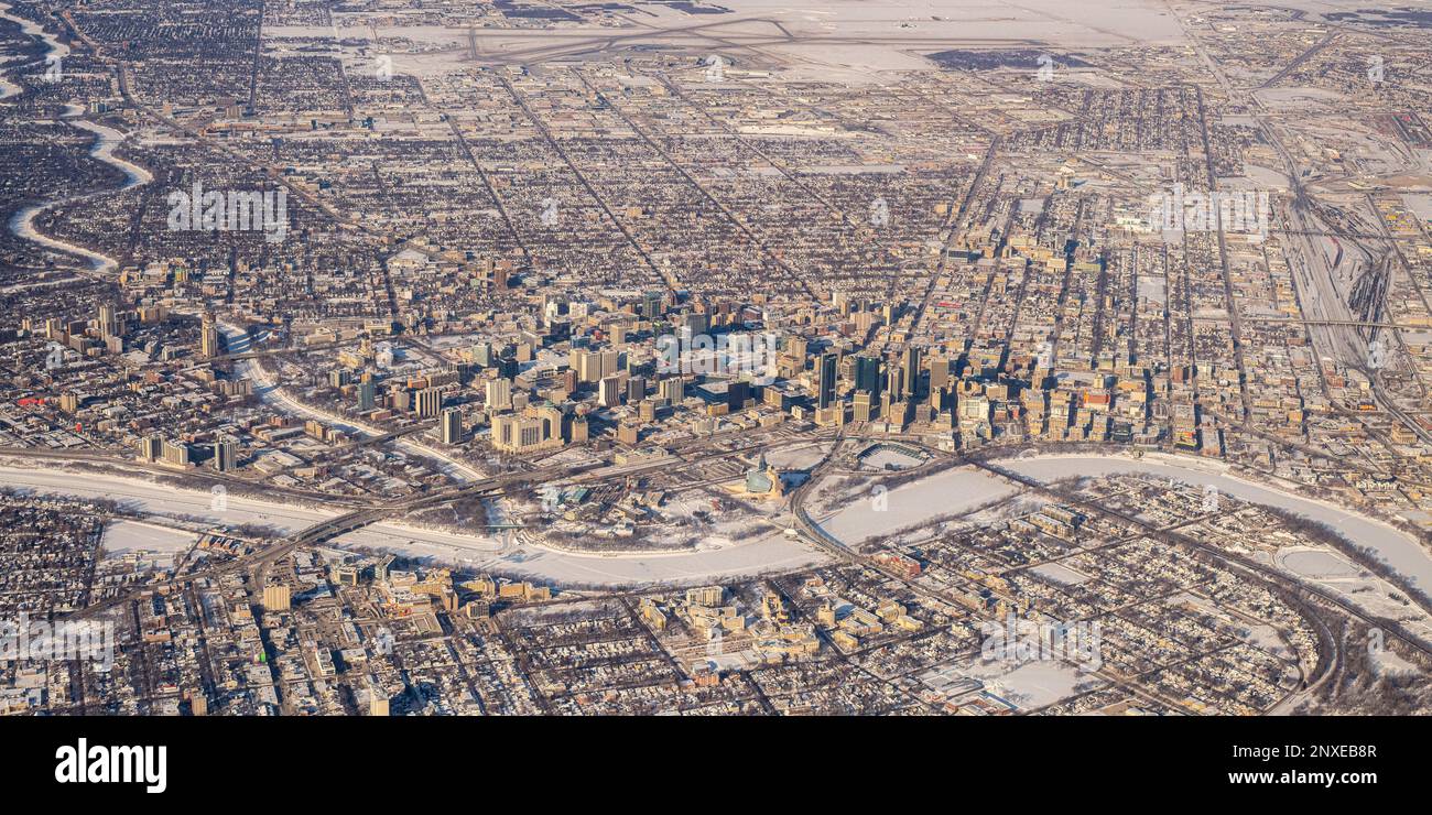 An aerial view of the city of Winnipeg, Manitoba, Canada in the winter. Stock Photo