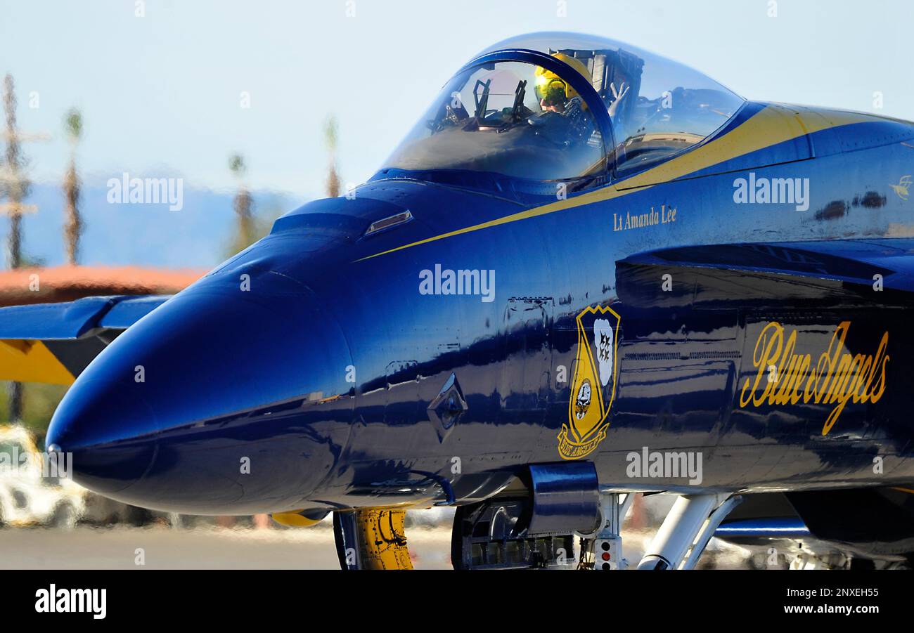 230118-N-KB563-1480 EL CENTRO, Calif. (Jan. 18, 2023) Left wing pilot, Lt. Amanda Lee, assigned to the U.S. Navy Flight Demonstration Squadron, the Blue Angels, prepares for takeoff prior to a training flight over Naval Air Facility (NAF) El Centro. Lt. Amanda Lee is the squadron’s first woman F/A-18E/F demonstration pilot. The Blue Angels are currently conducting winter training at NAF El Centro, California, in preparation for the upcoming 2023 air show season. Stock Photo