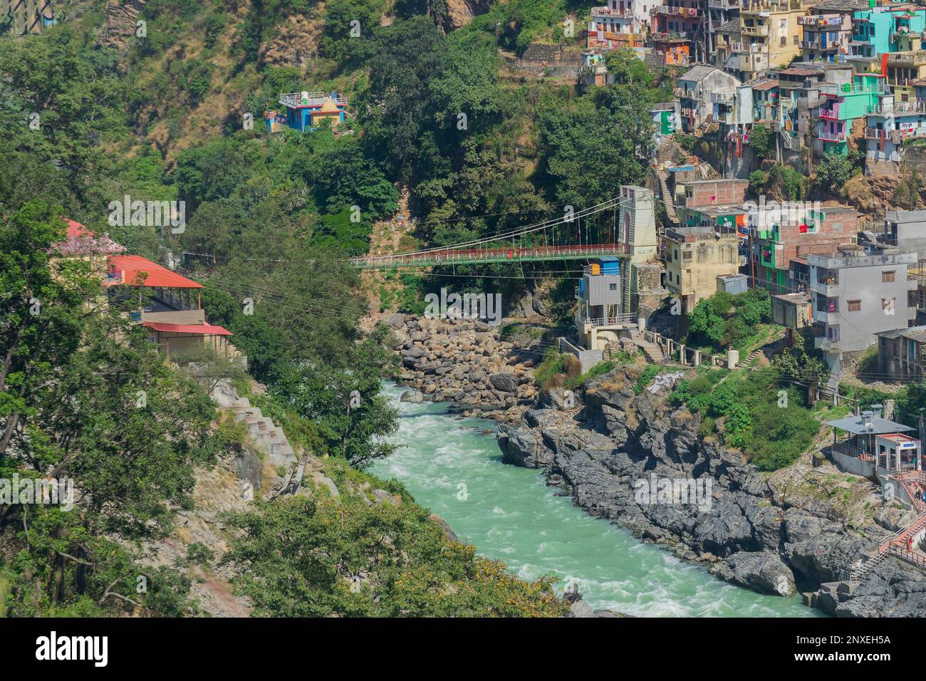 Bridge at Devprayag, Bhagirathi river from left side and Alakananda river from right side converge at Devprayag,Holy conflunece and form river Holy Ga Stock Photo