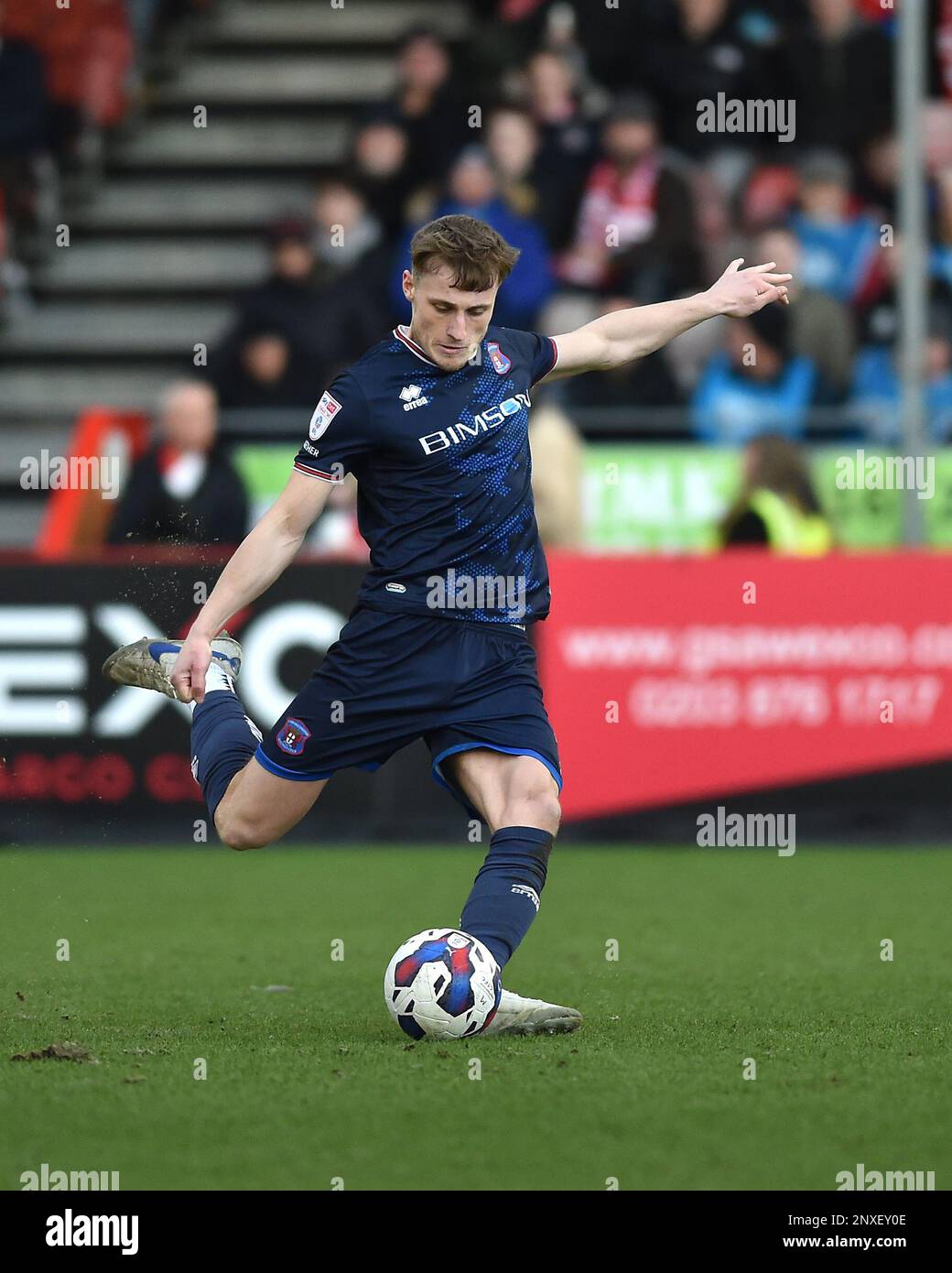 Owen Moxon of Carlisle during the EFL League Two match between Crawley Town and Carlisle United at the Broadfield Stadium  , Crawley , UK - 25th February 2023.  Photo Simon Dack/Telephoto Images.    Editorial use only. No merchandising. For Football images FA and Premier League restrictions apply inc. no internet/mobile usage without FAPL license - for details contact Football Dataco Stock Photo