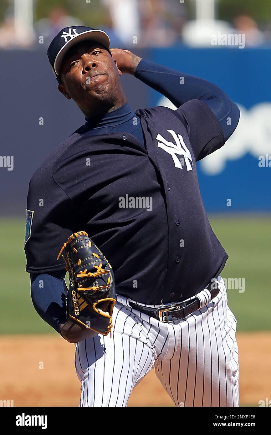 TAMPA, FL - MARCH 15: Aroldis Chapman (54) smiles as he goes thru a drill  during the Yankees spring training workout on March 15, 2022, at  Steinbrenner Field in Tampa, FL. (Photo