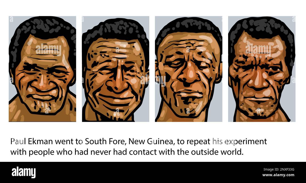 Paul Ekman's psychological study smile research showed universality of emotions, shown in facial expressions, here in people with no outside contact. Stock Photo