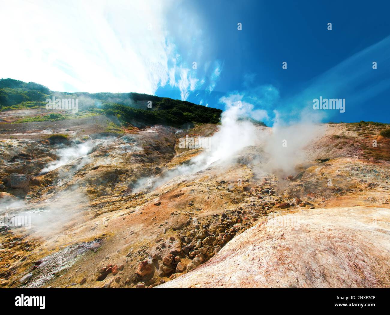 Valley of Geysers in Kamchatka. Active volcanism area. Geothermal area. Narcisols. Andosol painted in bright colors due hematite, sulfate, gothite. Hy Stock Photo